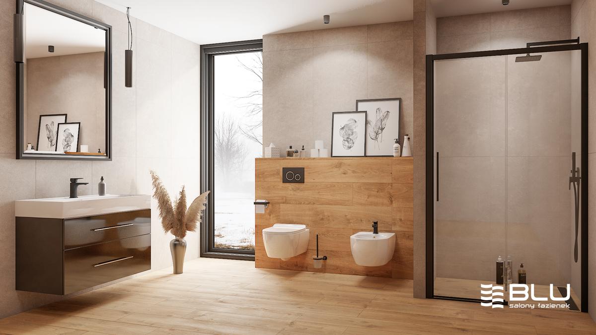 Projekt łazienki z płytkami drewnopodobnymi Azario Linois Roble.